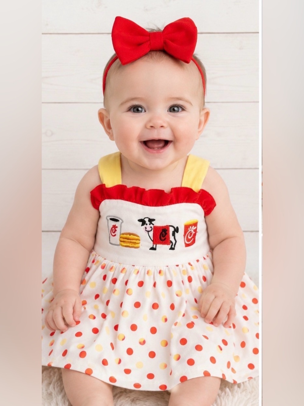 Boutique Chick Fil A Applique Baby Girl Dress 3-6M Polka Dot Bow Back
